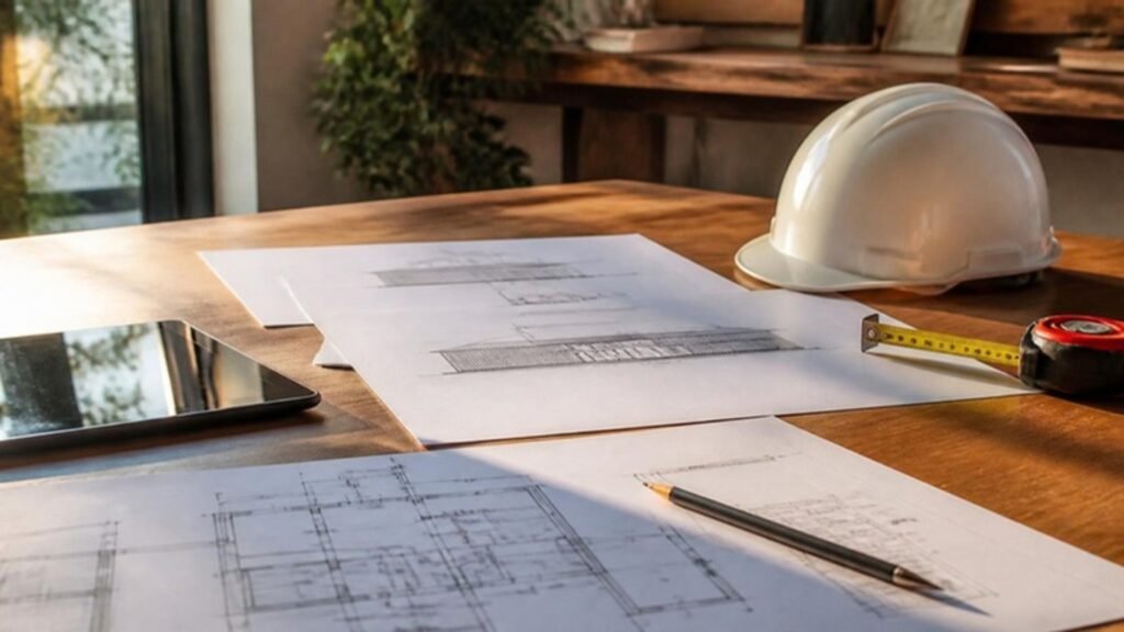 Plantas de uma moradia sobre a mesa de trabalho